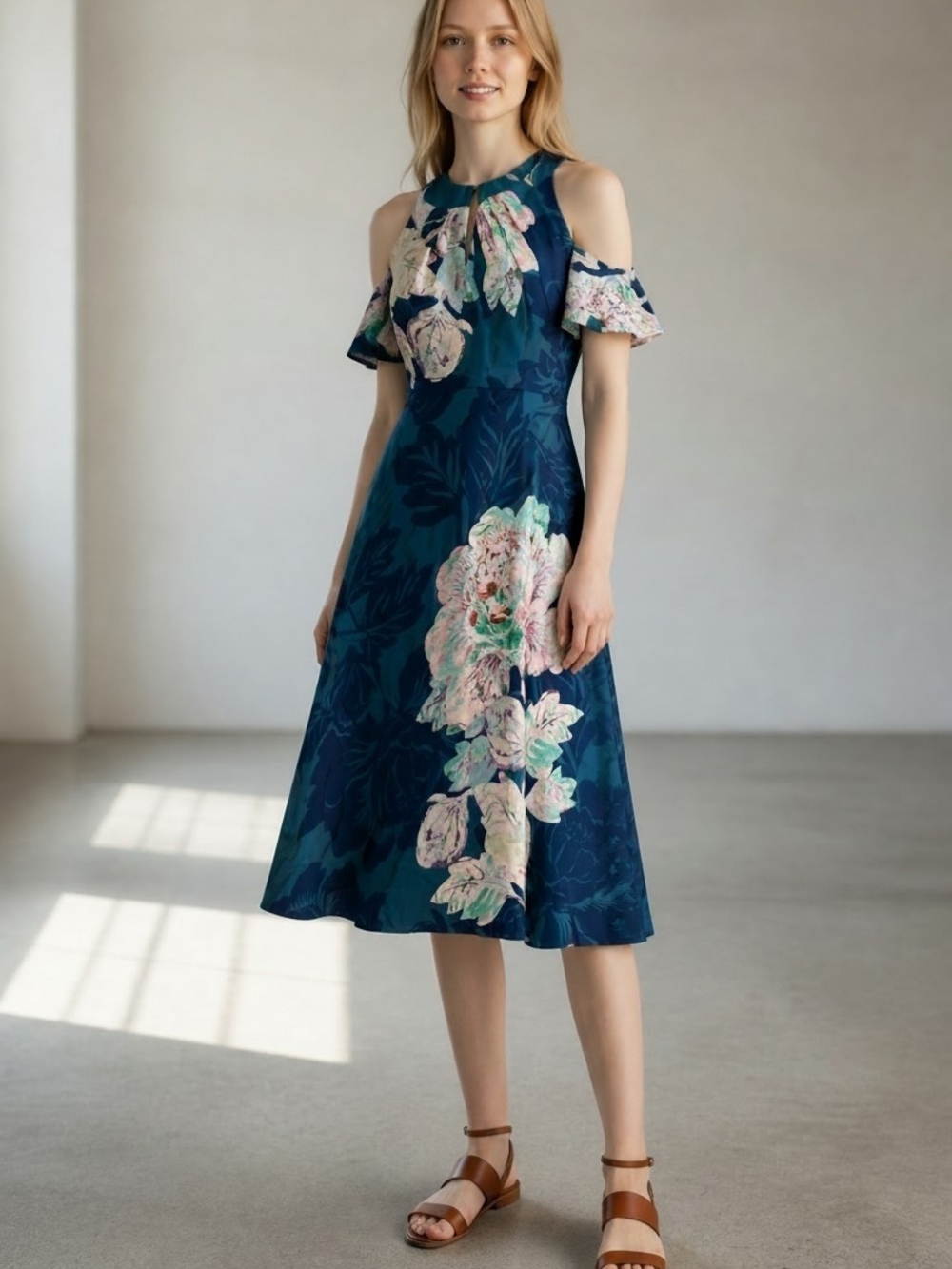 Maeve Floral Cold-Shoulder Midi Dress in Teal Blue